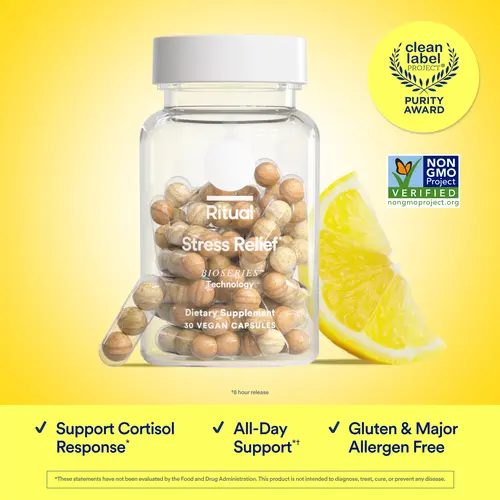 Ritual Stress Relief Supplement BioSeries with 8-Hour Release Support (Shoden Ashwagandha, Suntheanine L-Theanine, and Saffron as affron*) 30 Day Supply