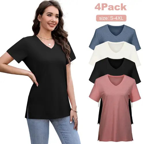 VILIGO Casual V-Neck Plain Tees – Set of 4, Assorted Colors, Flat Hem Soft and Comfortable Womenswear womens basic shirts Summer Top Minimalist Shortsleeve Plus Size Outfits Tshirt Vneck Streetwear