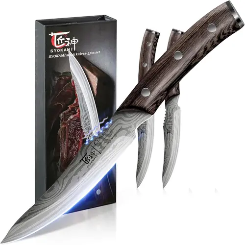 #sohochic SYOKAMI Damascus Etched Steak Knives Set - Kitchenware Cutlery Utensils, 4.8in High-Carbon German HRC56+ Steel Resists Daily Wear Non-Serrated Wood Handle Full Tang Razor-Sharp Knives for Cutting, Thanksgiving Christmas Day Gift Box