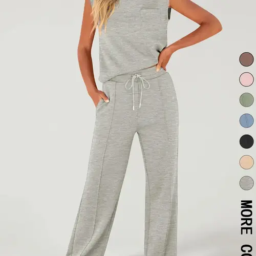 Women's Solid Fitted Tank Top with Pockets & Drawstring Waist Wide Leg Pants Two-piece Set, Casual Lounge Sets, Casual Sleeveless Round Neck Top & Trousers for Daily Wear, Ladies Two-piece Outfits for All Seasons, Comfy Cozy Lounge Set