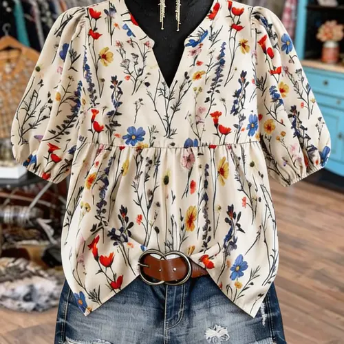 [Plus Size] Floral Print Notched Neck Boho Style Shirt Clothing Blouse Shirts, Casual Bishop Sleeve Top for Summer, Women's Clothes for Daily Wear