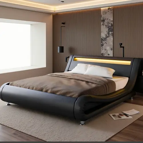 HOOMIC Modern LED Platform Bed Frame【Frame Only No Mattress】,Adjustable Headboard,No Box Spring Needed,Black Faux Leather,Full/Queen/King#TikTokShopDealsforYouDays#DealsforYouDays#Summervibes#Summergarden