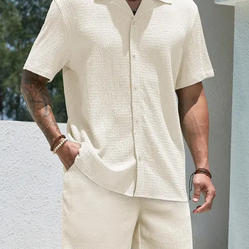 Men's Solid Short Sleeve Shirt & Shorts Two-Piece Set, Regular Fit Casual Button-Down Collared Top, Summer Breathable Beach Vacation Outfit Menswear