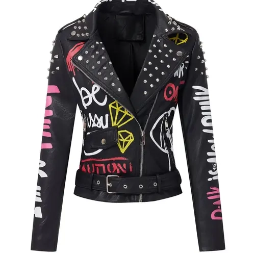 Women's PU Jacket with Belt, Casual Fitted Biker Jackets, Casual Fashionable Outerwear, Letter Print, Rivet Zipper Design, Long Sleeve All Season Wearable Casual Fashion Outerwear Coats