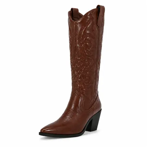 BERNESS Arizona Women's Western Cowgirl Boots, Embroidered Faux Leather Pull-On with Pointed Toe and 3-Inch Chunky Heel, Women's Shoes