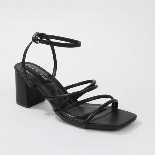 BERNESS Women's Emmarie Strappy Square Toe Leather Block Heels Sandals, Black Comfortable Heels for Wedding & Daily Wear, Stylish Summer Footwear, Shoes for Women