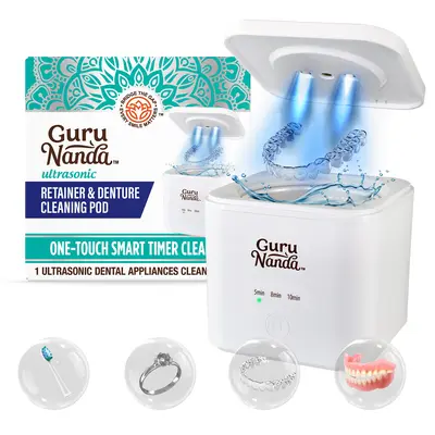 GuruNanda Retainer & Denture Cleaning Pod with UV for Dentures, Retainers, Mouthguards with One Touch Timer Lightweight Daily