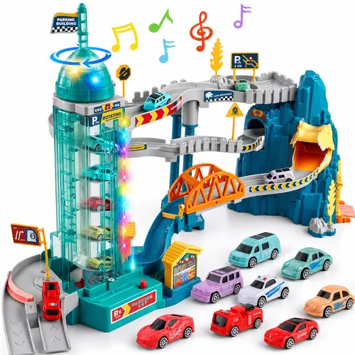 Dinosaur Parking Garage Playset for Kids, Electric Spiral Elevator Car Track with Lights & Music, Multi-Level Sliding Roads, Bridge and Toy Vehicles, Interactive Vehicle Activity Set