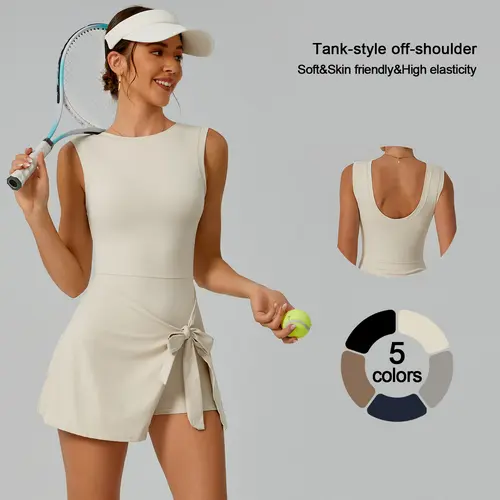 TIMEOFF Women's Off-Shoulder U-Back Athletic Dress - Sleeveless, Side-Tie, Built-In Shorts, High-Stretch Skin-Friendly Plain Fabric, Ideal for Gym, Yoga (High-Stretch Fabric, Built-In Shorts, Style, Plain Sports Dresses)