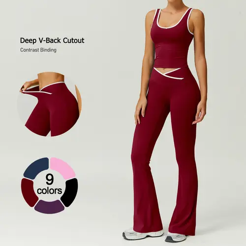TimeOFF Women's 2-Piece Color Block U-Neck Piped Tank & Bell Bottom Set - Deep V-Back Cutout, Contrast Binding - Trendy Sculpting Workout & Casual Loungeset for Gym, Dance, 2 Piece Sets, Workout Sets For Women