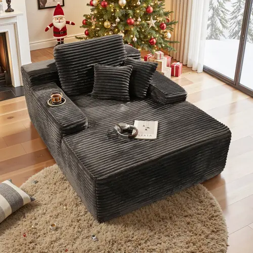 CAODOC Boneless Chaise Lounge Upholstered Sofa Bed with Cup Holder and Throw Pillows, 48.42" Deep, Soft Corduroy, No Assembly Required, Indoor Sleeper Chair