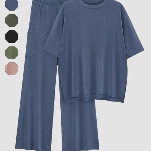 Women's Solid Loose Baggy Fit Drop Shoulder Tee & Elastic Waist Pants Two-piece Set, Casual Basic Fashion Cozy Half Sleeve Top & Trousers for Daily Outdoor Wear, Ladies Clothes for All Seasons