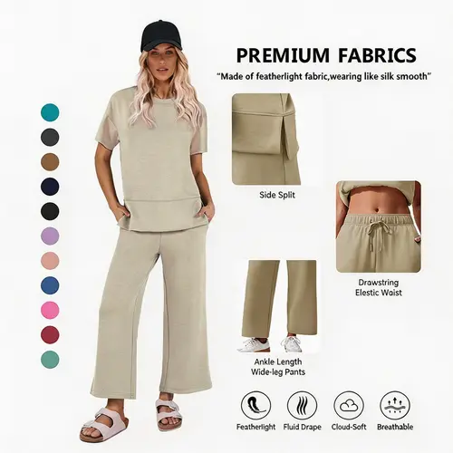 Pinspark Women's Two-Piece Set: Summer Outfit, Loose-Fitting Wide-Leg Pants, Casual Set: Perfect for the airport, the beach, and vacations; short sleeves; soft fabric; available in a variety of colors and sizes sohochic
