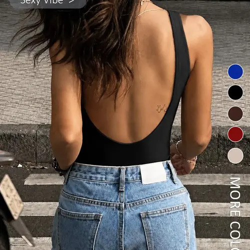 Women's Slim-Fitting Backless Jumpsuit in Solid Color, Deep U Neck Sleeveless Strap Bodysuit for Valentine's Day, Backless Bodysuits, Sexy Fashion Style, Lady, Womenswear, Fabric