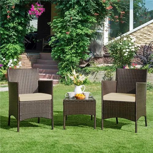 【Crazy Price】Yaheetech 3-Piece Patio Furniture Set, Outdoor Rattan Conversation Furniture Set, 2 Chairs with Cushions & 1 Side Table for Bistro/Porch/Garden/Deck/Courtyard