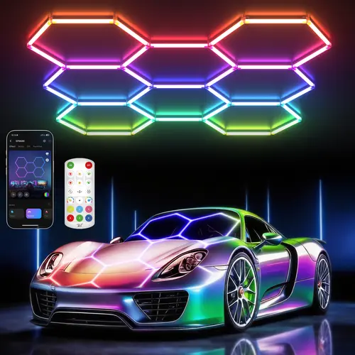 HYPERLITE RGB Hexagonal Polycarbonate Light, Modular Smart LED Garage Light System, Remote Control Music Sync DIY Panels for Ceiling/Wall, Decor for Garage, Office, Studios, Parties,sohochic