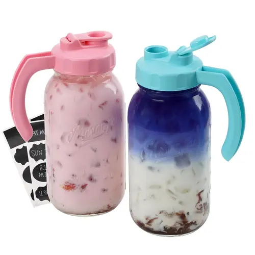Soligt Heavy-Duty Glass Mason Jar Pitcher 2-Pack (64oz/2Qt/1.9L) Wide Mouth with Handle, Airtight Silicone Pour Spout Lids, Dishwasher Safe, for Making Tea, Iced Brew Coffee, Kitchen Bottle Jug Storage Container,sohochic