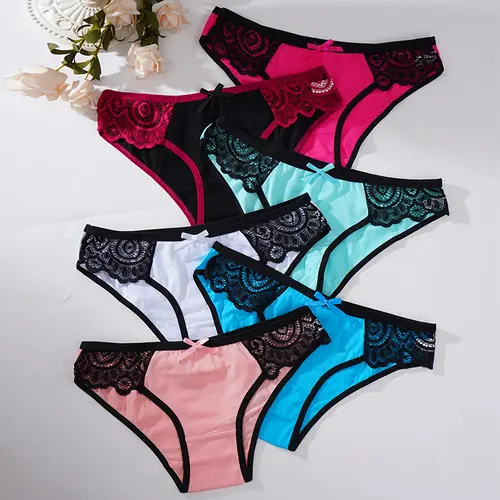 Women's 6-Piece Chic Lace Cheeky Panties Set - Cotton-Elastane Blend, Breathable Underpants, Sexy Triangle Cut, Standard Sizes, Panties for Women, Multicolor for Everyday Wear