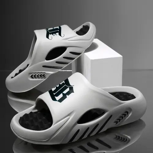 Men's Sporty Cloud Slides with Gothic B Print - Thick Cushioned Foam Sole, Non-Slip Indoor-Outdoor Beach Footwear, Gifts for Him, Mens Gifts, Beach Stuff, Cool Gifts For Guys tiktokshopbacktoschool,shoes for back to school,back to school shoes,sohochic