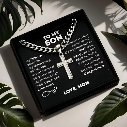 1pc Personalized Coated Metal "To My Son" Stainless Steel Cross Pendant Necklace - Men's Costume Jewelry, Teen Boy Valentine's Day/Birthday Gift, Metal Cross Pendant Feels Substantial, W/ Card & Gift Box Packaging,sohochic