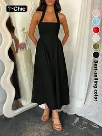 Women's Plain Pocket Zipper Back Dress, Casual Sleeveless Halter Neck A Line Dress for Summer, Ladies Clothes for Beach Holiday, Brunch Dresses, Casual Chic Dress