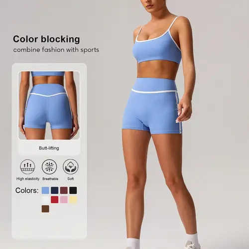Sodalemon Women's Contrast Binding Crop Sports Bra & High Waist Shorts Sportswear Set, Breathable Comfortable Outfits for Yoga Gym Workout Running, Ladies Sportswear for All Seasons, Athleisure Workout Set, Shorts Athletic Set
