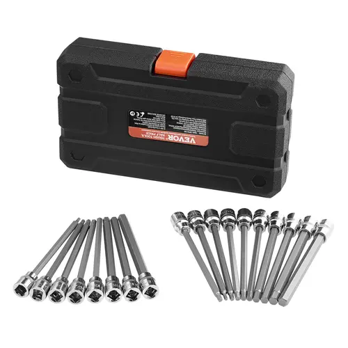 VEVOR 18-Piece Extra Long Hex Bit Socket Wrench Kit, 3/8 in Drive S2 Alloy Steel Cr-VDrive, Drop-Resistant Rustproof Hexagonal & Socket Sets, Chamfered Easy-Fit Hand Tools, SAE Metric Tools, Mechanics’ Tight Space Use, Reduced Fastener Wear,toolupgrade
