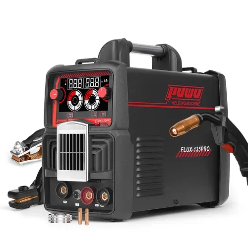 Puwu 135A 110V Home Power MIG Welder - Easy 3-in-1 IGBT Inverter Gasless Flux Core Welder with Flux MIG/Lift TIG/Stick, Handheld Full Set Welding Machine with Short Wire Feeder & LED Digital Display Showing Exact Amps, Portable,toolupgrade
