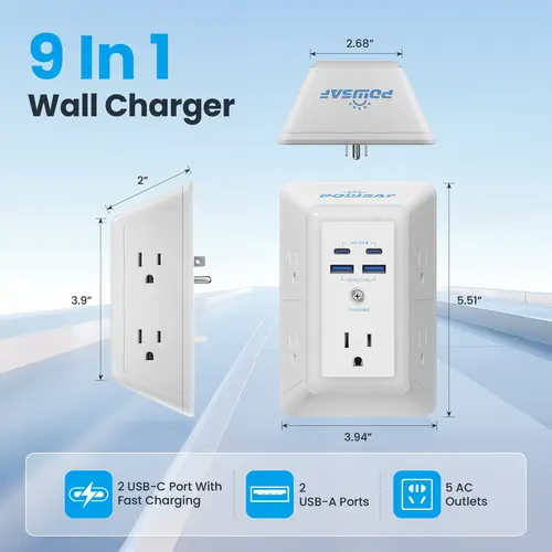 POWSAF Multi Plug Outlet Surge Protector,Power Strip,3-Sided Outlet Extender with 5 Adapter-Spaced Outlets, 4 USB Ports (2 USB-C Fast Charging), Built-in Night Light, ETL Listed for Dorm Room, Home & Electronics