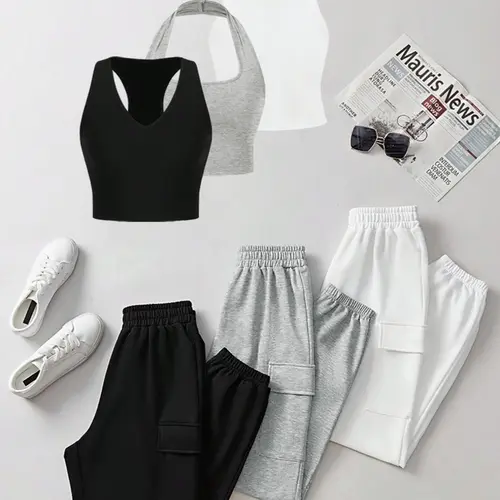 Women's Basic Solid Color Fitted Crop Tank Top & High Waist Pants Set, Casual Everyday Set, Breathable Fabric, Casual Sleeveless Top & Trousers for Daily Wear, Ladies Outfits for All Seasons, Solid Color Clothes
