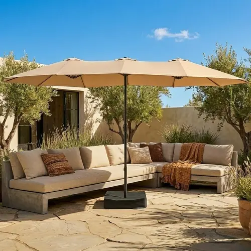 Walsunny 15 ft Large Patio Umbrella with Base Include, Double Sided Outdoor Rectangular Patio Parasol Stands& Bases with Crank Handle for Pool Garden Backyard,Khaki