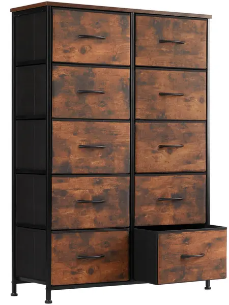 Sweetcrispy Vertical Storage Chest - 10-Drawer Fabric Storage Furniture with Fabric Bins, Wooden Dresser, Versatile Cabinets Drawers, Bedroom Furniture Organizer