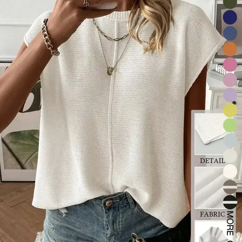 Women's Solid Color Sweater Vest, Casual Fashion Round Neck Sleeveless Knit Top for Summer, Fashion Women's Knitwear for Daily Wear