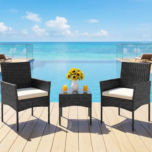 Patio Conversation Set - 3-Piece/4-Piece Outdoor Furniture Set, PE Rattan Wicker Patio Furniture with Coffee Table, Washable Cushions, Compact Bistro Seating for Balcony, Garden, Outdoor Furniture Sets