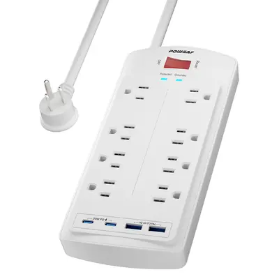 POWSAF Essential Surge Protector Power Strip, 8 Outlets with 2 USB-C & 2 USB-A Ports, 20W Fast Charging, 5ft Flat Plug Extension Cord, 2700 Joules Protection