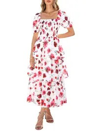 BTFBM Women's Square Neck Smocked Dress with Puff Short Sleeve Floral Casual Ruffle Tiered Wedding Guest Dress