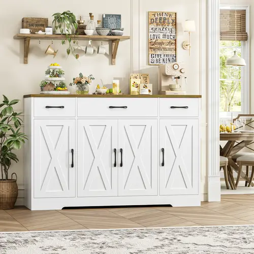 HOSTACK Modern Farmhouse Buffet Cabinet with Drawers 55" Large Sideboard Storage with Shelves Doors for Kitchen, Dining Room, Living Room, Entryway