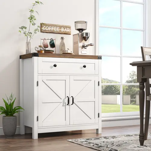 HOSTACK Modern Coffee Bar Cabinet - Indoor Cupboard, Apartment Storage Solution, Buffets Sideboard, Hutch Bar Unit with Drawer and Adjustable Shelf, Barn Door Accent, Apartment Storage Cabinet