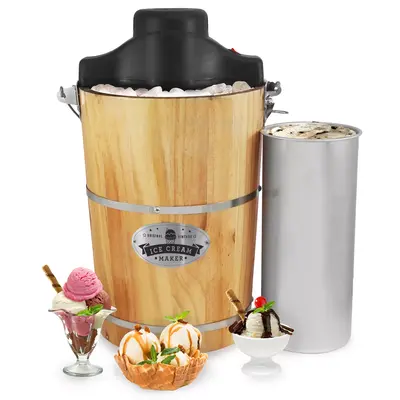 Elite Gourmet 6-Qt Old Fashioned Pine Bucket Ice Cream Maker
