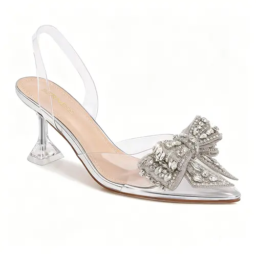 BERNESS Nina Women's Classy Fashion Stylish Wedding Guest Kitten Heel Footwear - Crystal Bow Pointed Toe Slingback Shoe for Party, Summer Events