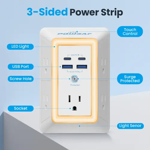 Multi Plug Outlet Extender with Light, Surge Protector Power Strip, 20W PD Fast Charging, POWSAF 3-Sided Wall Outlet Extender with 2 USB-C & 2 USB-A Ports (3A Total), Multiple Plug Charger for Dorm, Home & Office