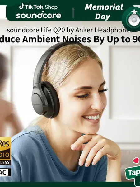 soundcore Anker Life Q20 Hybrid Active Noise Cancelling Over Ear Headphones - Bluetooth Wireless, 60H Playtime, Hi-Res Audio, Deep Bass, Foam Ear Cups, USB-C Charging, Rotating Headband Joints, Auxiliary Input, Wireless Headset Audio (for Travel, Office),