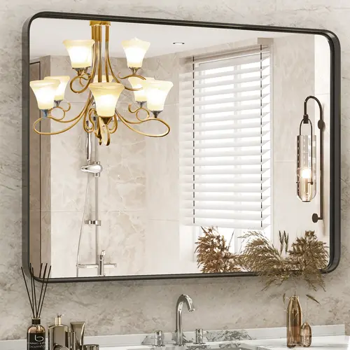 Sweetcrispy Modern Black Anti-Rust Aluminum-Frame Rectangular Tempered Glass Mirror - Adjustable Wall-Mounted Bathroom Fixtures with Clarity, Multi-Size, Hanging Strips for Vanity, Wall Decor (Horizontal/Vertical Hanging), Mirrors, Shatterproof