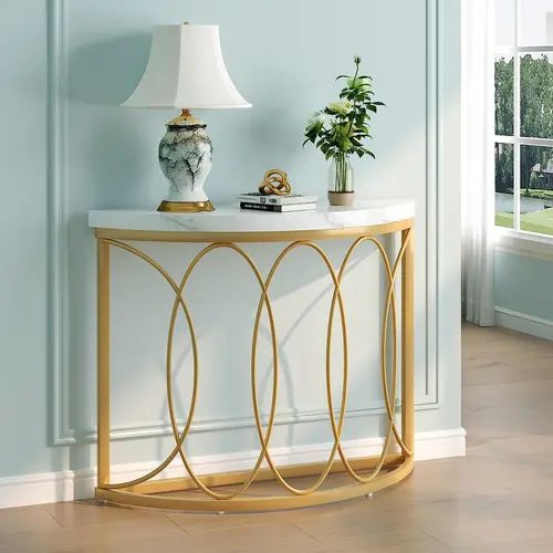 Spaco Faux Marble Half Moon Console Table - 43" Modern Multi-Purpose, Slimline, Streamlined, Stylish, Lounge Pedestal Table, Indoor Furniture for Sofa Entryway, Multi-Purpose Pedestal Tables, Slimline Pedestal Tables