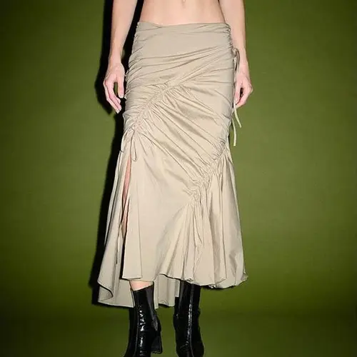 URBAN REVIVO Women's Pure Cotton Belted Fish Tail Half Skirt - Pleated, Fitted Mid-Length, High Slit, Invisible Zipper, Casual Spring Elegant Fashion Apparel,sohochic