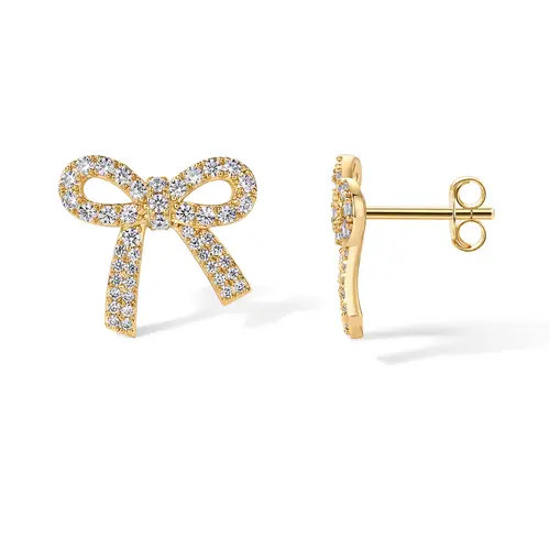 PAVOI 14K Gold Plated Bow Stud Earrings for Women - Premium Cubic Zirconia Dainty Coquette Studs Earring