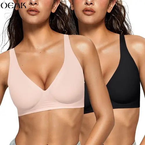 OEAK 2PCS Women's Comfortable Wireless Jelly Bras Push Up Bralettes Seamless T-Shirts Deep V Everyday Bras - Womenswear
