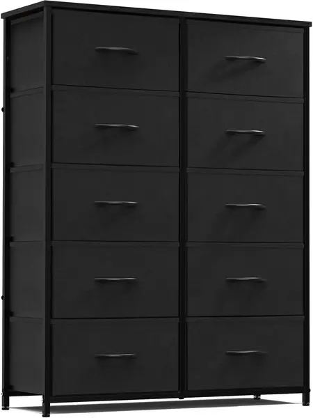 Tall 10-Drawer Fabric Storage Tower with Fabric Bins & Wood Top - Vertical Space-Saving Modern Wood Dresser, Storage Cabinet for Closet, Bedroom Decor, Storage Cabinets