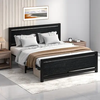 HOMBCK Bed Frame with Wood Headboard, with Strong Steel Slat Support, Heavy Duty Platform Bed, Under Bed Storage, No Box Spring Needed#SohoChic#Homemakeover