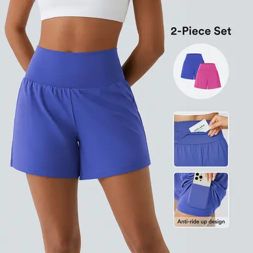 【Creator’s Pick】Halara 2-Piece Super High Waisted Back Pocket & Side Hidden Pocket 2-in-1 Yoga Shorts Set 5''-Longer Length #BackToSchool